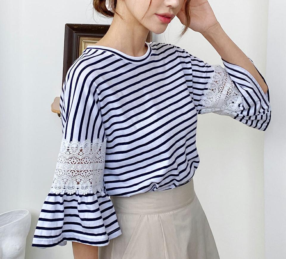 レースボーダーTシャツ・全2色・b00741 レディース 【tops】トップス Tシャツ ボーダー柄 ボーダーT レース 袖コン 大人 七分袖 七分丈 7分袖 7分丈 かわいい スカラップ ラウンドネック フレアスリーブ 春 秋 韓国ファッション
