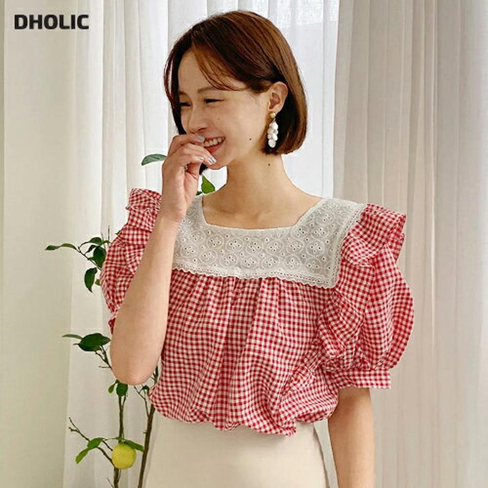レースコントラストチェックフリルブラウス・全3色・t00745 レディース 【bl】トップス ブラウス 半袖 チェック柄 ギンガムチェック レース 襟コン 袖コン フリル ガーリー かわいい 可愛い スクエアネック スカラップ 春 夏 韓国ファッション