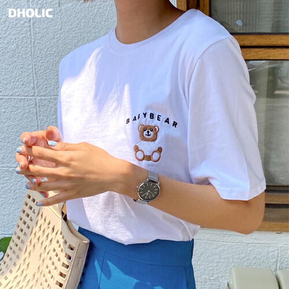 【10%OFF】ベア刺繍Tシャツ・全4色・t67189 レディース 【tops】トップス Tシャツ 半袖 くま クマ ロゴ 刺繍 カジュアル かわいい 可愛い ラフ ラウンドネック シンプル ワンポイント 春 夏 韓国ファッション 半Tセール
