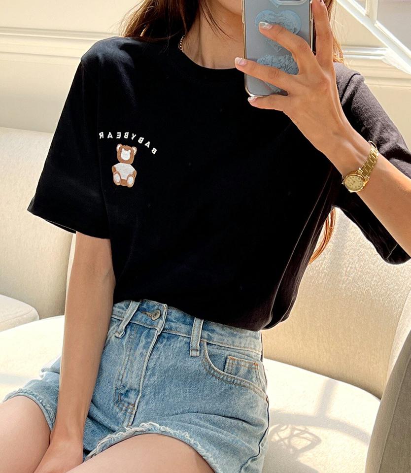 【10%OFF】ベア刺繍Tシャツ・全4色・t67189 レディース 【tops】トップス Tシャツ 半袖 くま クマ ロゴ 刺繍 カジュアル かわいい 可愛い ラフ ラウンドネック シンプル ワンポイント 春 夏 韓国ファッション 半Tセール