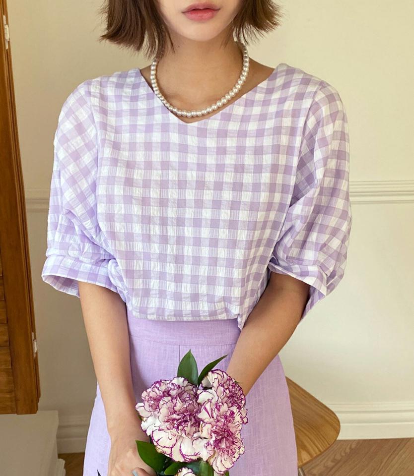 【10%OFF】Vネックチェックブラウス・全3色・b67195 レディース 【bl】トップス ブラウス 半袖 ハーフスリーブ チェック柄 ギンガムチェック ガーリー かわいい 可愛い Vネック リンクル パフスリーブ パフ袖 春 夏 韓国ファッション セール SALE