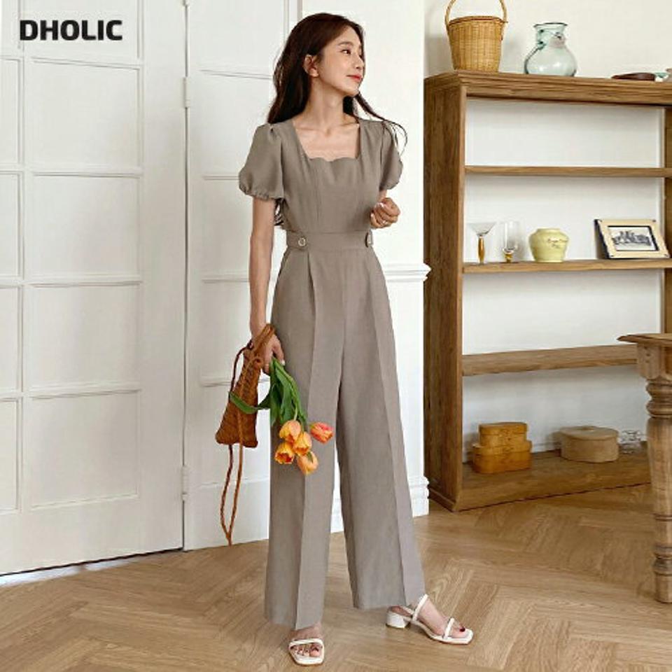 スクエアボタンオールインワン・全3色・t67196 レディース 【pt】オールインワン パンツ ズボン ロングパンツ 半袖 パフ袖 パフスリーブ デコルテ 鎖骨 カジュアル スクエアネック フェミニン かわいい 単色 無地 シンプル 春 夏 韓国ファッション