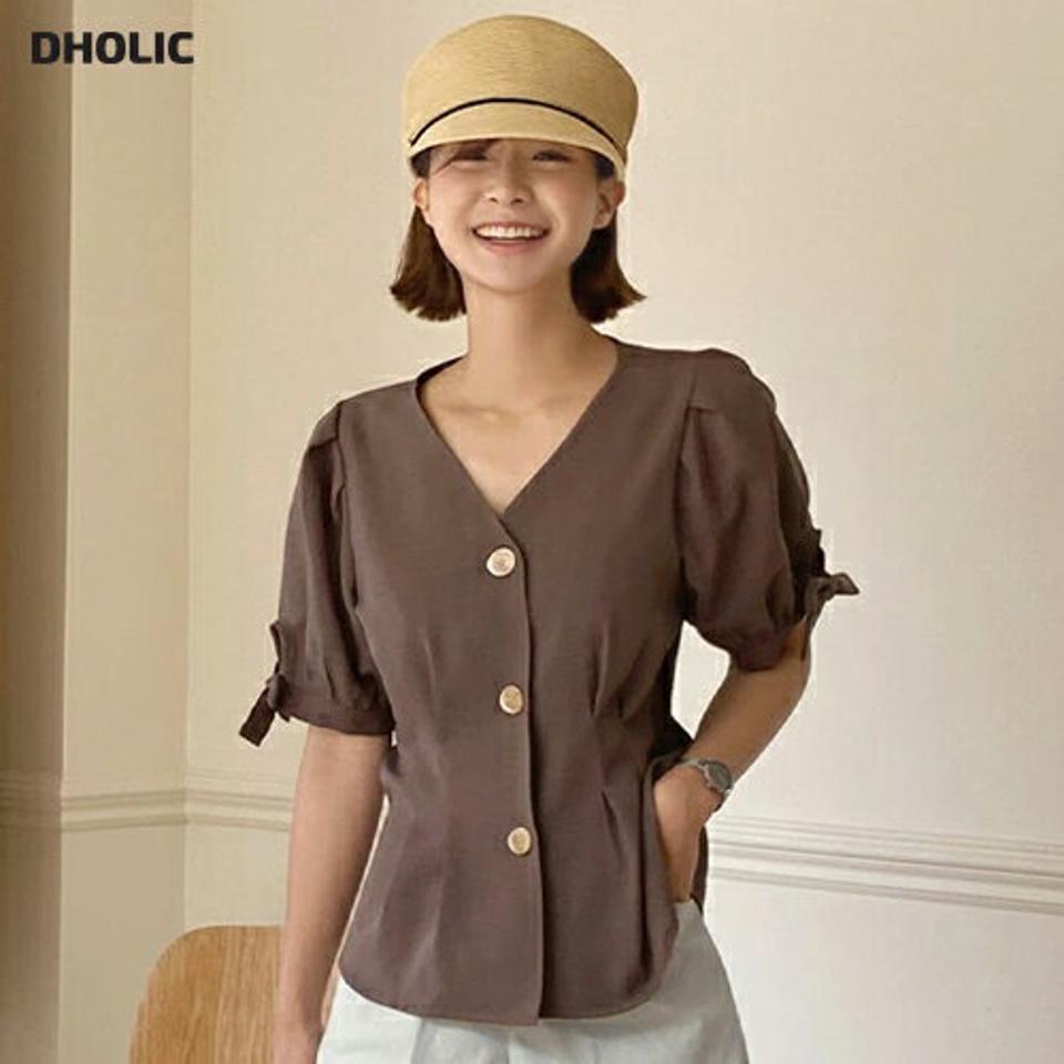 Vネックタックリボンブラウス・全5色・t67193 レディース 【bl】トップス ブラウス 半袖 ハーフスリーブ りぼん Vネック 単色 無地 シンプル パフ袖 パフスリーブ かわいい 春 夏 韓国ファッション