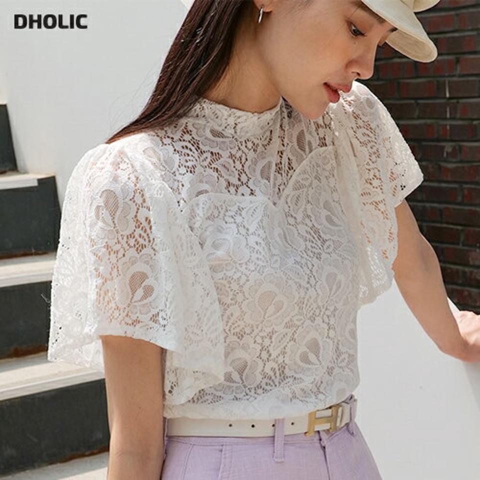 レースフレアスリーブブラウス・全2色・b00351 レディース 【bl】ブラウス トップス 半袖 柄 模様 総柄 レース 総レース フレア 二の腕カバー 体型カバー 透け感 シアー ハーフネック 春 夏 シースルー フェミニン 韓国ファッション ハイホリHIHOLLI