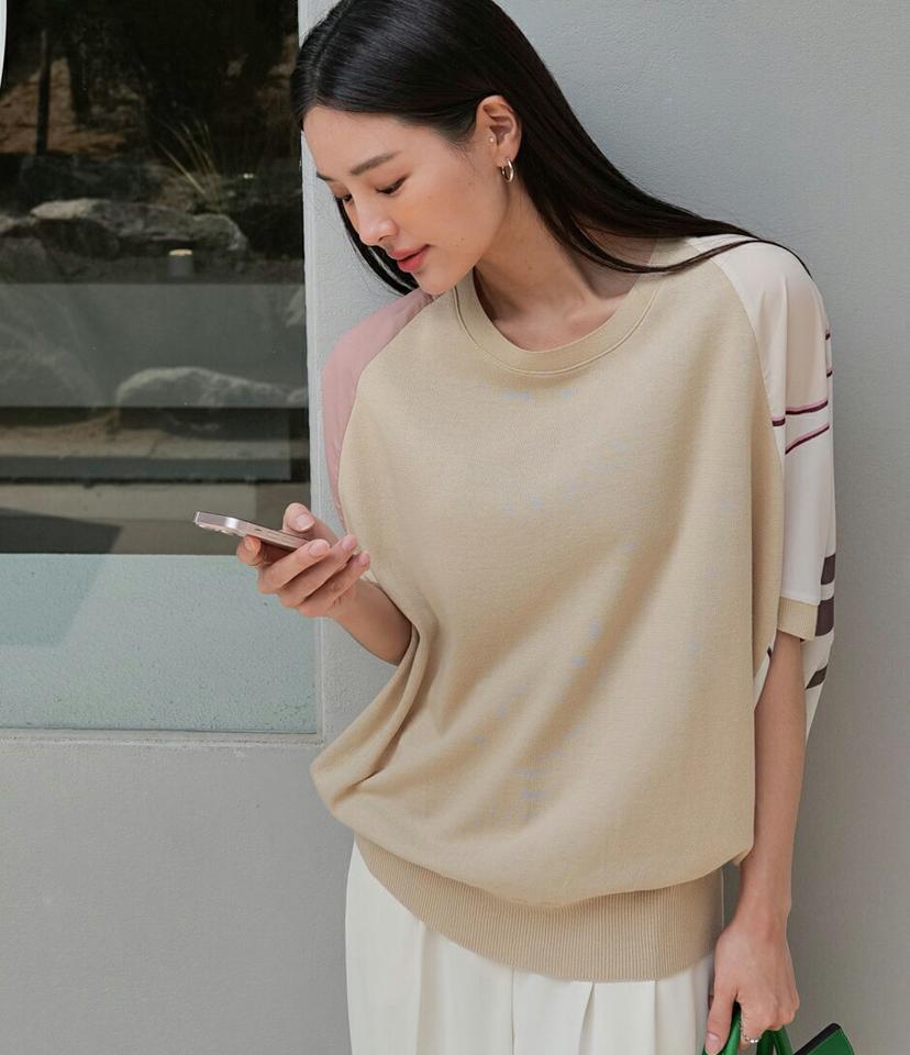 ドルマンシフォン配色ニット・全5色・b00350 レディース 【tops】トップス ニット 半袖 柄 模様 ユニーク ドルマン シフォン 配色 二の腕カバー 体型カバー 楽ちん ゆったり ルーズフィット 春 夏 青 水色 カジュアル 韓国ファッション ハイホリHIHOLLI