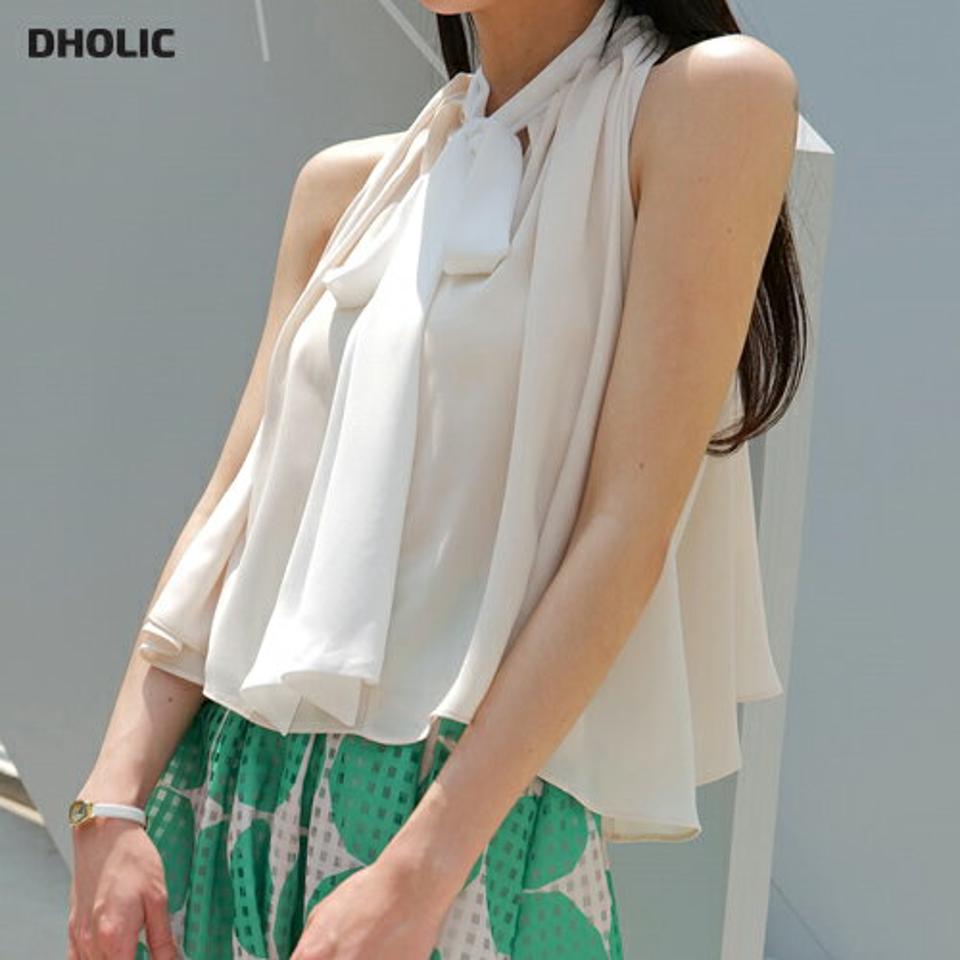 配色リボンフレアノースリーブ・全3色・t00353 レディース 【tops】トップス ノースリーブ 配色 柄 模様 りぼん タイ ハイネック 肌見せ クロップド丈 上品 春 夏 フェミニン スリーブスレス 大人っぽ きれいめ 韓国ファッション ハイホリHIHOLLI