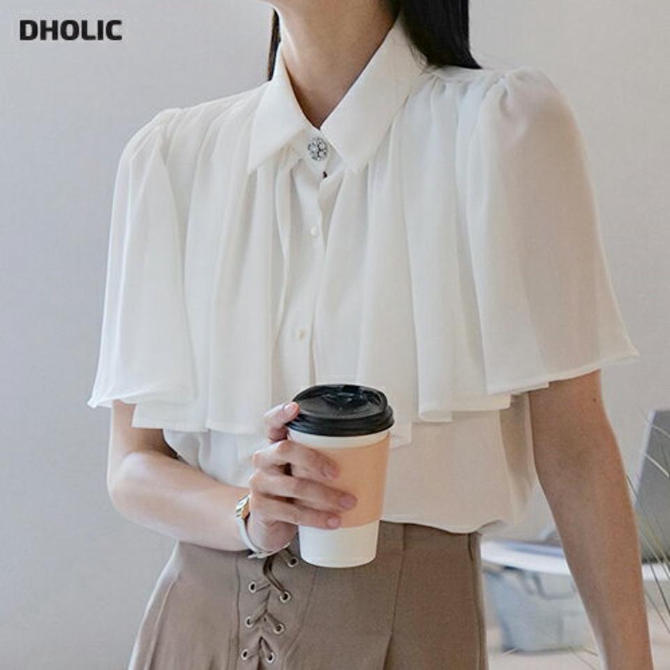 【10%OFF】シフォンケープカラーブラウス・全3色・b00347 レディース 【bl】ブラウス トップス 半袖 シフォン シアー ケープ 揺れ感 フレア ギャザー 透け感 上品 高級感 春 夏 フェミニン きれいめ 二の腕カバー 韓国ファッション ハイホリHIHOLLI セール SALE