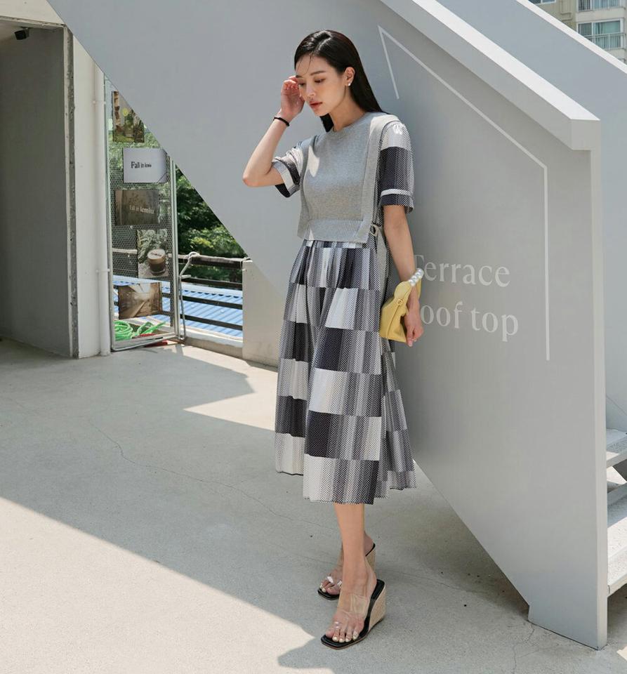 ベストレイヤード風マルチパターンワンピース・全3色・b00345 レディース 【ops】ワンピース 半袖 ロング丈 柄 模様 異素材 ベスト 体型カバー ユニーク ゆったり 楽ちん 春 夏 フェミニン ベスト カジュアル 韓国ファッション ハイホリHIHOLLI