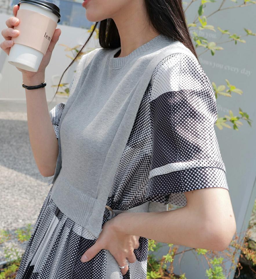 ベストレイヤード風マルチパターンワンピース・全3色・b00345 レディース 【ops】ワンピース 半袖 ロング丈 柄 模様 異素材 ベスト 体型カバー ユニーク ゆったり 楽ちん 春 夏 フェミニン ベスト カジュアル 韓国ファッション ハイホリHIHOLLI