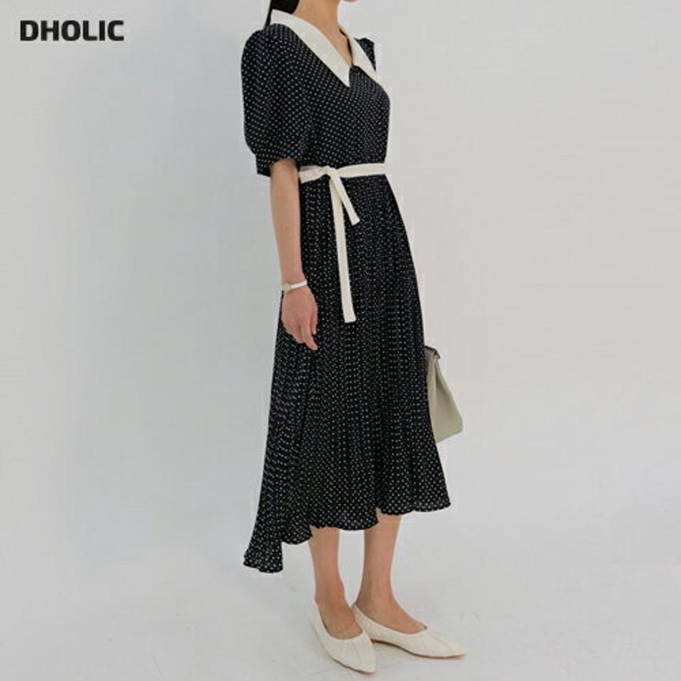 ストラップ付ドットプリーツカラーワンピース・全2色・b00344 レディース 【ops】ワンピース ロング丈 半袖 襟コン ボタン ウエストマーク 配色 柄 模様 ドット プリーツ 体型カバー ストラップ 春 夏 フェミニン 韓国ファッション ハイホリHIHOLLI