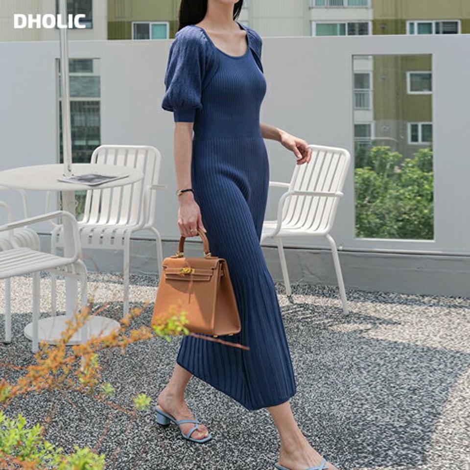 スリムパフニットワンピース・全2色・b00342 レディース 【ops】ワンピース ロング丈 半袖 単色 柄 模様 ニット バックシャン パフスリーブ パフ袖 パンチング リブ マーメイド 肌見せ 春 夏 フェミニン 鎖骨 韓国ファッション ハイホリHIHOLLI
