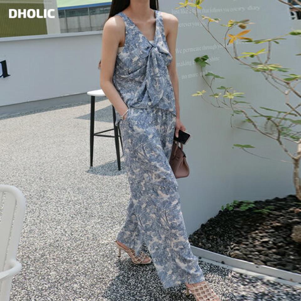 パターンシャーリングノースリーブ&パンツSET・全2色・t00341 レディース 【pt】セットアップ セット setup トップス ノースリーブ 柄 模様 パンツ ロング丈 体型カバー ゆったり 水色 春 夏 大人 アンティーク柄 韓国ファッション ハイホリHIHOLLI