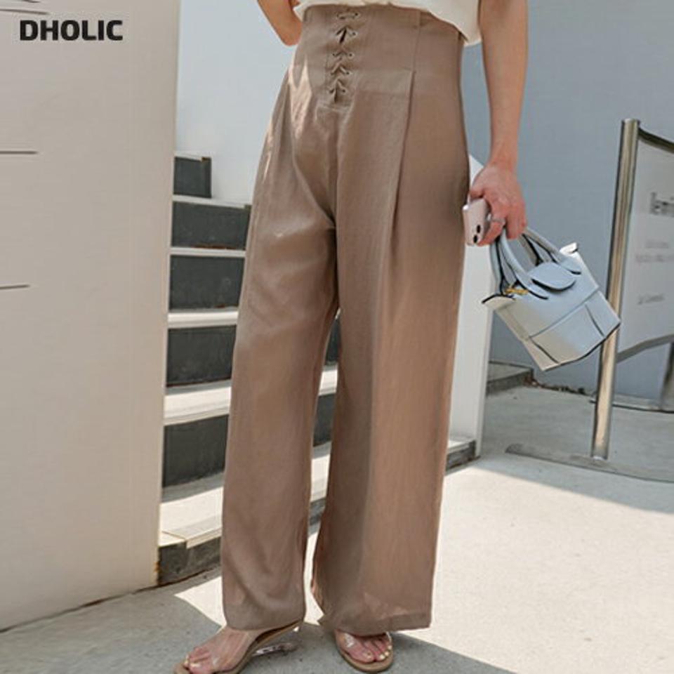 ストラップ付ハイウエストパンツ・全2色・b00338 レディース 【pt】パンツ ロング丈 単色 無地 シンプル レースアップ オフィスカジュアル ストラップ ハイウエスト 脚長 春 夏 秋 体型カバー 楽ちん 大人っぽ 韓国ファッション ハイホリHIHOLLI