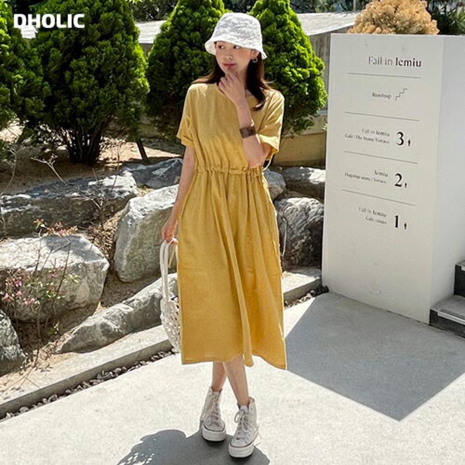 【10%OFF】ロールアップストリングワンピース・全4色・b01095 レディース 【ops】ワンピース ロング丈 ロングワンピース 半袖 ハーフスリーブ ロールアップ 単色 無地 シンプル カジュアル ラフ ウエストマーク 黄色 Aライン フレア 春 夏 韓国ファッション セール SALE