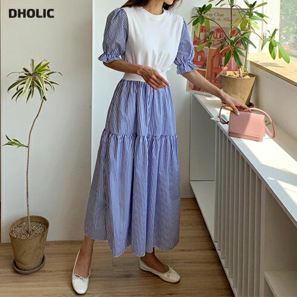 【10%OFF】ストライプコントラストワンピース・全2色・b01096 レディース 【ops】ワンピース ロング丈 ロングワンピース 半袖 ハーフスリーブ ストライプ柄 コントラスト レイヤード風 異素材 爽やか カジュアル ラウンドネック リブ 春 夏 韓国ファッション セール SALE