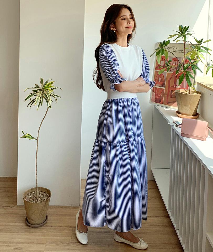 【10%OFF】ストライプコントラストワンピース・全2色・b01096 レディース 【ops】ワンピース ロング丈 ロングワンピース 半袖 ハーフスリーブ ストライプ柄 コントラスト レイヤード風 異素材 爽やか カジュアル ラウンドネック リブ 春 夏 韓国ファッション セール SALE