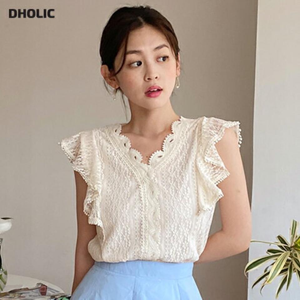 レースフリルVネックブラウス・全3色・b01083 レディース 【bl】トップス ブラウス スリーブレス ノースリーブ レース フリル Vネック 総レース 袖コン 二の腕カバー フェミニン 花柄 春 夏 韓国ファッション女性らしい雰囲気溢れるブラウス