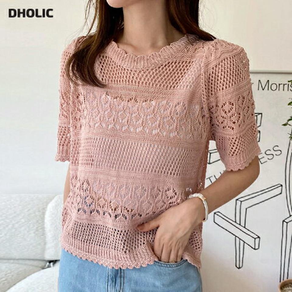 パンチングパフニット・全4色・t01090 レディース 【tops】トップス ニット 半袖 ハーフスリーブ パフ袖 パフスリーブ パンチング 透け感 シースルー ラウンドネック カジュアル スカラップ 単色 かわいい ピンク 春 夏 韓国ファッション