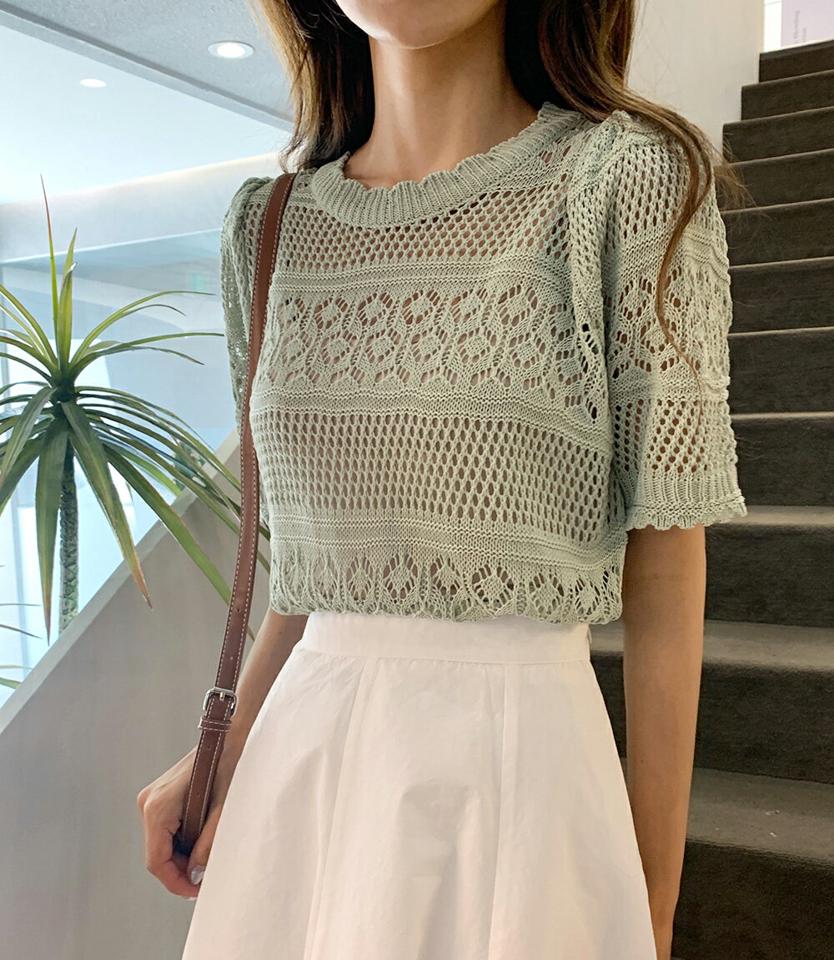 パンチングパフニット・全4色・t01090 レディース 【tops】トップス ニット 半袖 ハーフスリーブ パフ袖 パフスリーブ パンチング 透け感 シースルー ラウンドネック カジュアル スカラップ 単色 かわいい ピンク 春 夏 韓国ファッション
