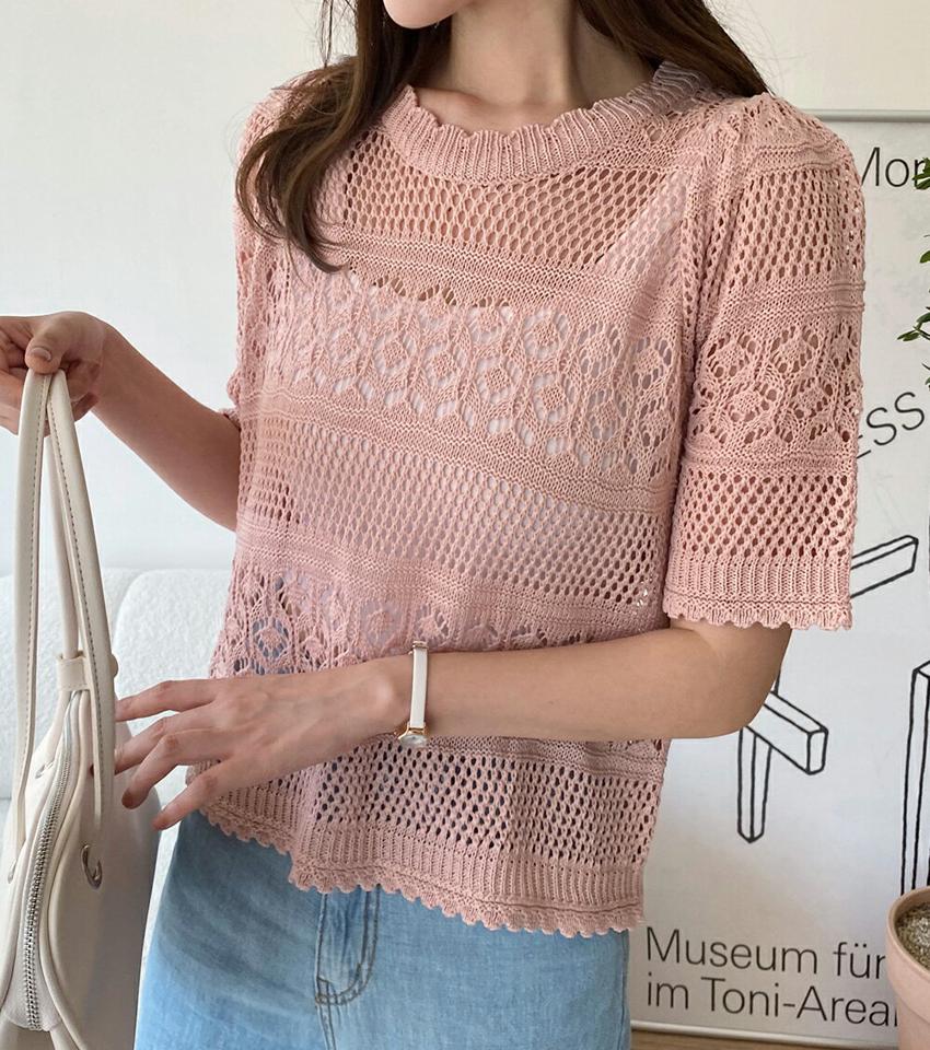 パンチングパフニット・全4色・t01090 レディース 【tops】トップス ニット 半袖 ハーフスリーブ パフ袖 パフスリーブ パンチング 透け感 シースルー ラウンドネック カジュアル スカラップ 単色 かわいい ピンク 春 夏 韓国ファッション