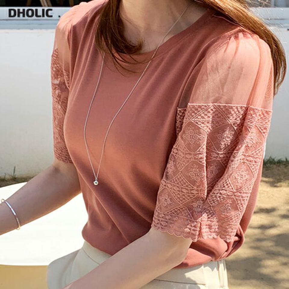 メッシュ刺繍スリーブTシャツ・全3色・b72178 レディース 【tops】Tシャツ トップス 半袖 柄 模様 異素材 レース メッシュ 刺繍 スリーブ 透け感 スリット ラウンドネック 春 夏 カジュアル かわいい 可愛い 韓国ファッション ハイホリHIHOLLI