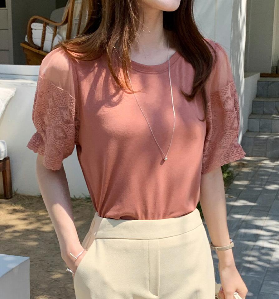 メッシュ刺繍スリーブTシャツ・全3色・b72178 レディース 【tops】Tシャツ トップス 半袖 柄 模様 異素材 レース メッシュ 刺繍 スリーブ 透け感 スリット ラウンドネック 春 夏 カジュアル かわいい 可愛い 韓国ファッション ハイホリHIHOLLI