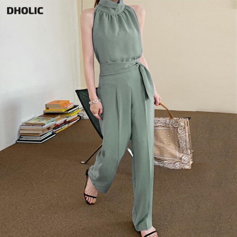 ギャザーハイネックノースリーブ&スラックスSET・全4色・b72196 レディース 【pt】セットアップ セット setup 無地 シンプル パンツ ロング丈 スラックス スリーブレス トップス ノースリーブ ギャザー 緑 春 夏 韓国ファッション ハイホリHIHOLLI