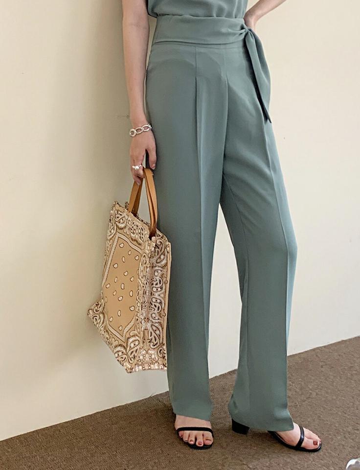 ギャザーハイネックノースリーブ&スラックスSET・全4色・b72196 レディース 【pt】セットアップ セット setup 無地 シンプル パンツ ロング丈 スラックス スリーブレス トップス ノースリーブ ギャザー 緑 春 夏 韓国ファッション ハイホリHIHOLLI