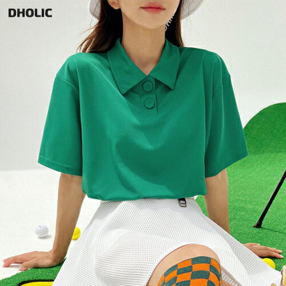 くるみボタンポロカラーTシャツ・全4色・b02485 レディース 【tops】トップス ポロシャツ Tシャツ 半袖 ポロ襟 ボタン 単色 無地 シンプル スポーティー カジュアル 速乾性 通気性 運動 テニス 緑 春 夏 韓国ファッション GOLFWEAR ゴルフウェア