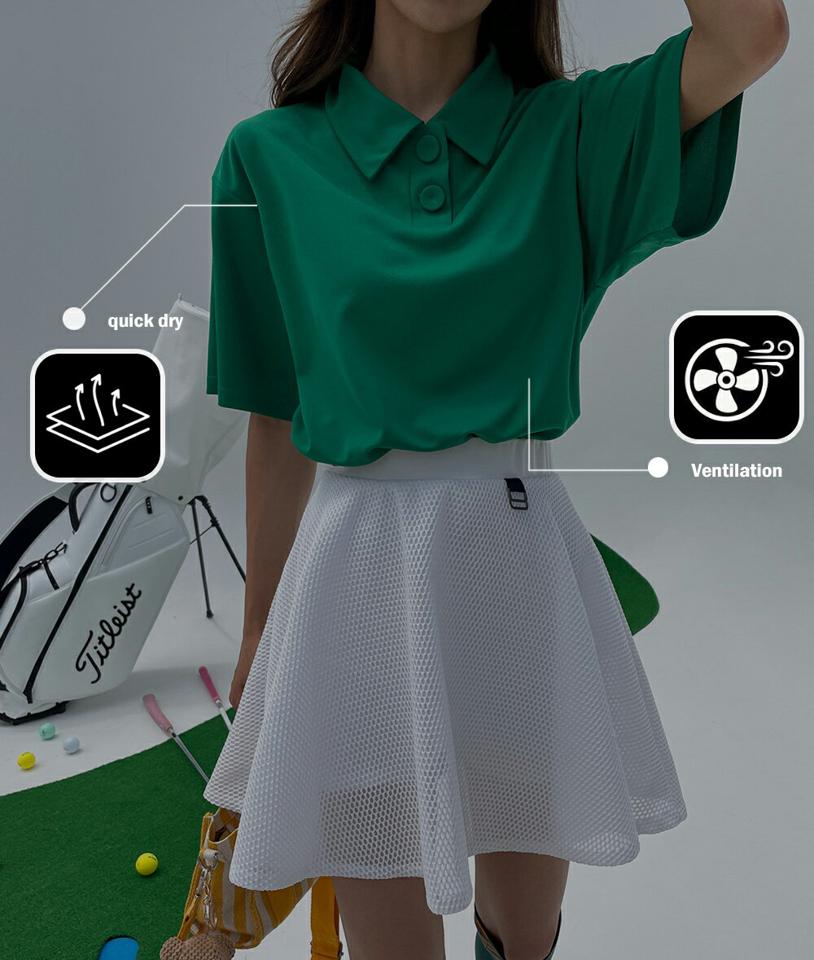 くるみボタンポロカラーTシャツ・全4色・b02485 レディース 【tops】トップス ポロシャツ Tシャツ 半袖 ポロ襟 ボタン 単色 無地 シンプル スポーティー カジュアル 速乾性 通気性 運動 テニス 緑 春 夏 韓国ファッション GOLFWEAR ゴルフウェア