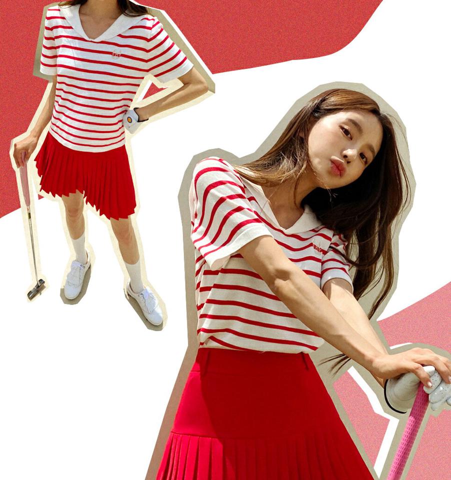 セーラーカラーボーダーニット・全2色・b02488 レディース 【tops】トップス ニット 半袖 ボーダー柄 大きい襟 襟コン セーラーカラー カジュアル かわいい ロゴ 刺繍 可愛い 赤 春 夏 韓国ファッション GOLFWEAR ゴルフウェア