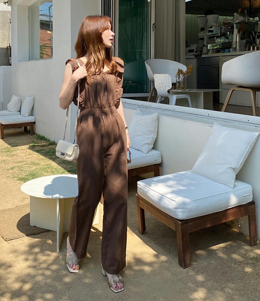 【10%OFF】ノースリフリルオールインワン・全3色・t72189 レディース 【pt】オールインワン パンツ ロング丈 ノースリーブ スリーブレス スクエアネック 鎖骨 デコルテ フリル 単色 無地 リネン混 春 夏 カジュアル 大人っぽ 韓国ファッション ハイホリHIHOLLI セール SALE