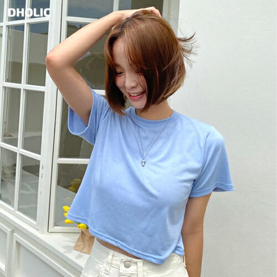 クロップド半袖Tシャツ・全5色・t66772 レディース 【tops】トップス Tシャツ 半袖 クロップド丈 短丈 単色 無地 シンプル ベーシック カジュアル ラウンドネック コットン 綿 パステル 水色 春 夏 韓国ファッション