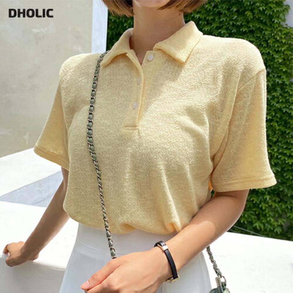 ポロカラー半袖Tシャツ・全7色・t66775 レディース 【tops】トップス Tシャツ 半袖 ポロ襟 襟コン タオル風 生地 シンプル カジュアル スポーティ— テニス かわいい 可愛い 黄色 春 夏 韓国ファッション