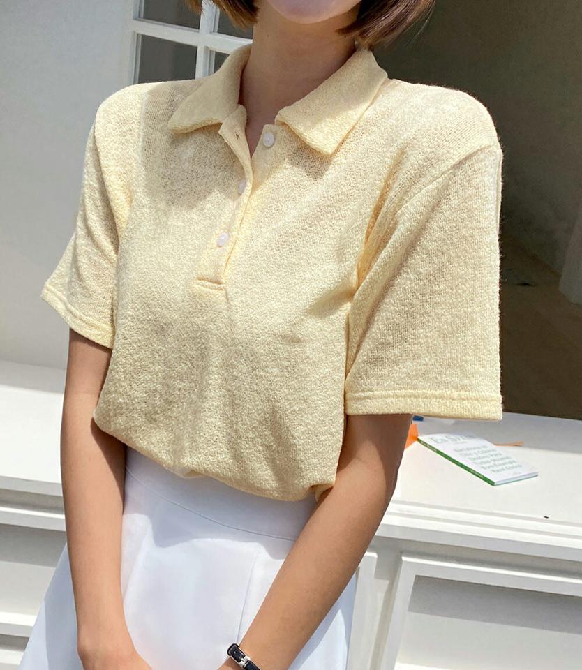 ポロカラー半袖Tシャツ・全7色・t66775 レディース 【tops】トップス Tシャツ 半袖 ポロ襟 襟コン タオル風 生地 シンプル カジュアル スポーティ— テニス かわいい 可愛い 黄色 春 夏 韓国ファッション