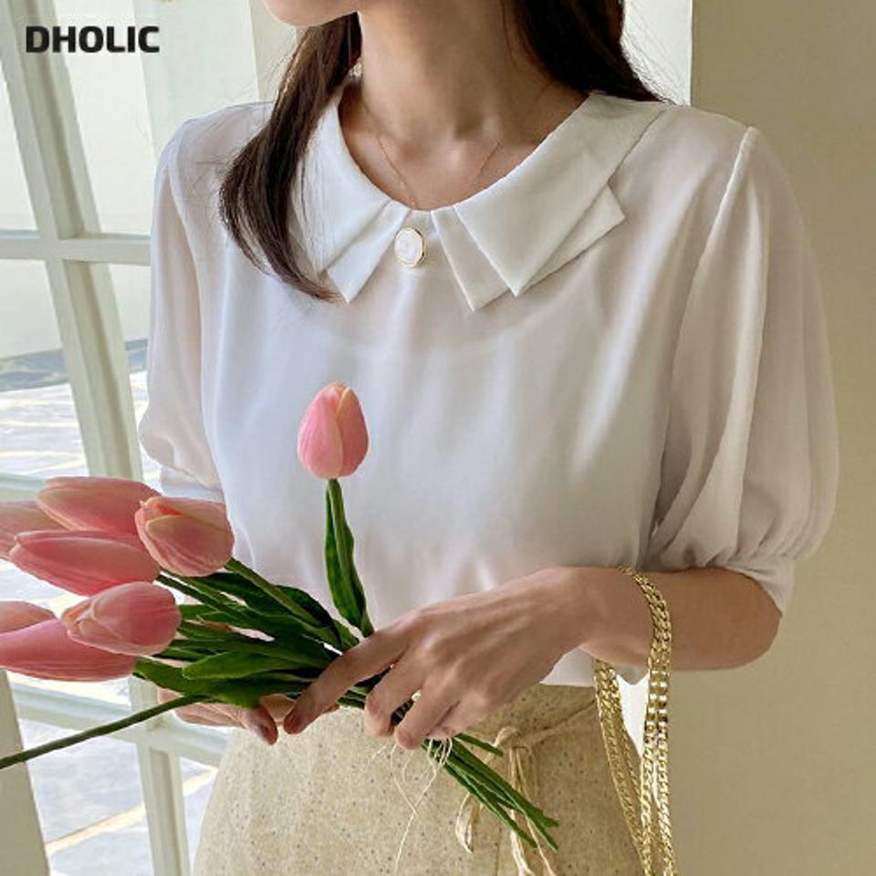 【10%OFF】ダブルカラーボタンブラウス・全4色・b66776 レディース 【bl】トップス ブラウス 半袖 ハーフスリーブ 襟コン フェミニン 単色 無地 上品 大人 オフィスカジュアル きれいめ パフスリーブ パフ袖 春 夏 韓国ファッション セール SALE