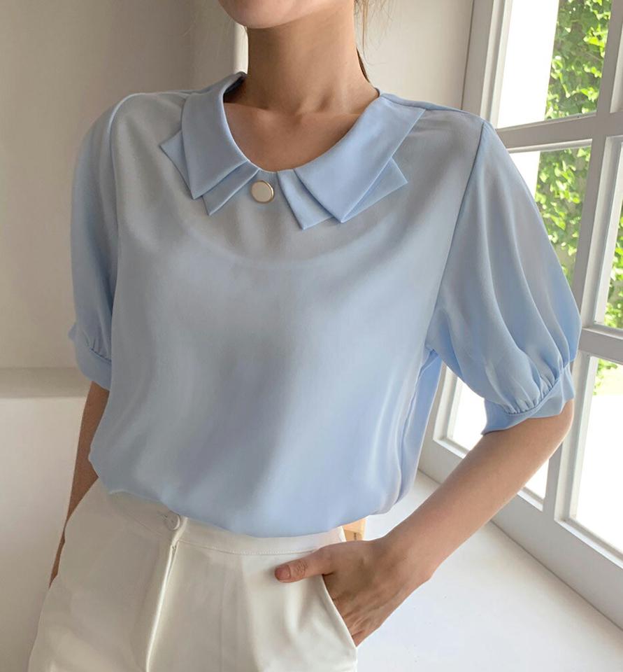 【10%OFF】ダブルカラーボタンブラウス・全4色・b66776 レディース 【bl】トップス ブラウス 半袖 ハーフスリーブ 襟コン フェミニン 単色 無地 上品 大人 オフィスカジュアル きれいめ パフスリーブ パフ袖 春 夏 韓国ファッション セール SALE