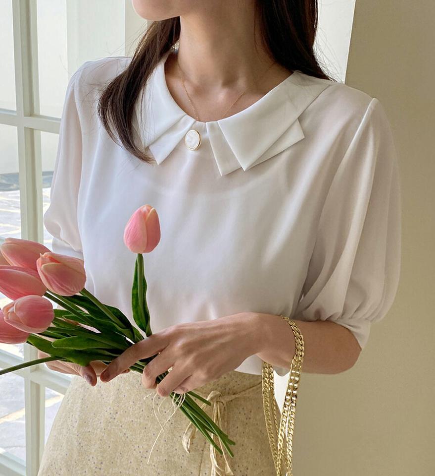 【10%OFF】ダブルカラーボタンブラウス・全4色・b66776 レディース 【bl】トップス ブラウス 半袖 ハーフスリーブ 襟コン フェミニン 単色 無地 上品 大人 オフィスカジュアル きれいめ パフスリーブ パフ袖 春 夏 韓国ファッション セール SALE