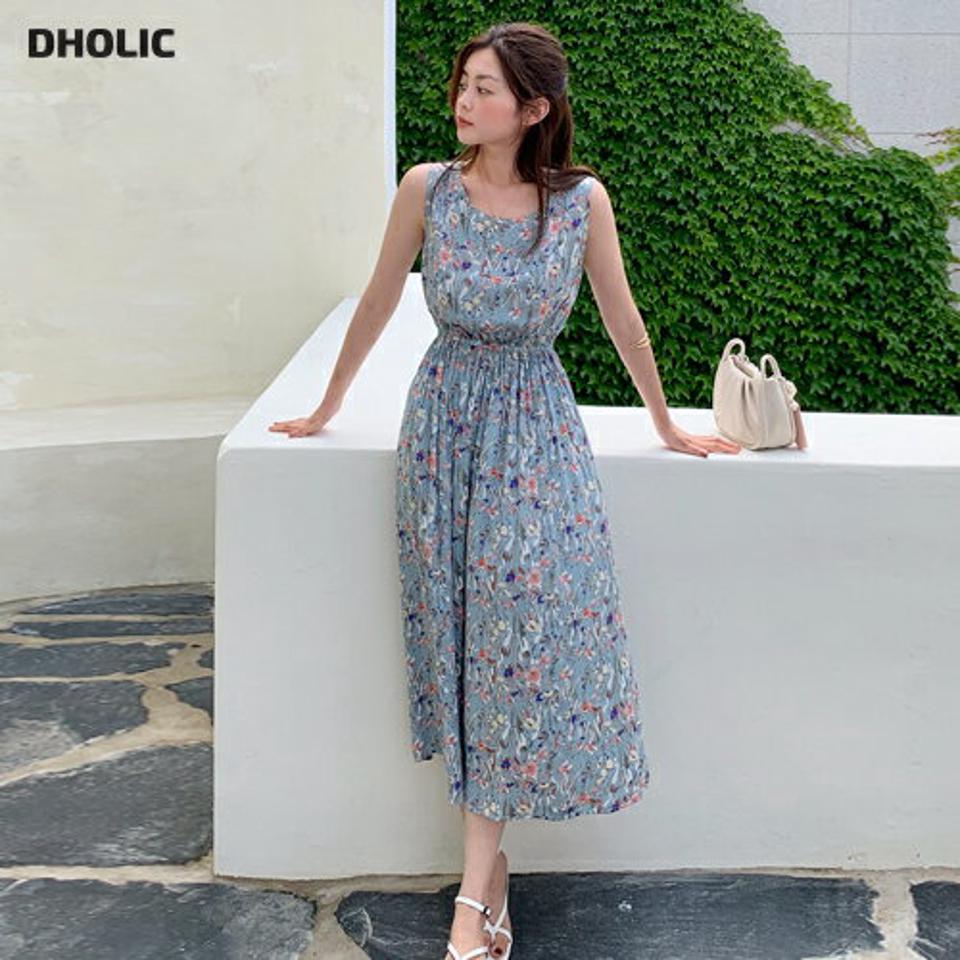 フローラルノースリワンピース・全2色・b66783 レディース 【ops】ワンピース ロング丈 ロングワンピース スリーブレス ノースリーブ 花柄 レトロ フェミニン かわいい フレア ラウンドネック リゾート 水色 春 夏 人気 韓国ファッション