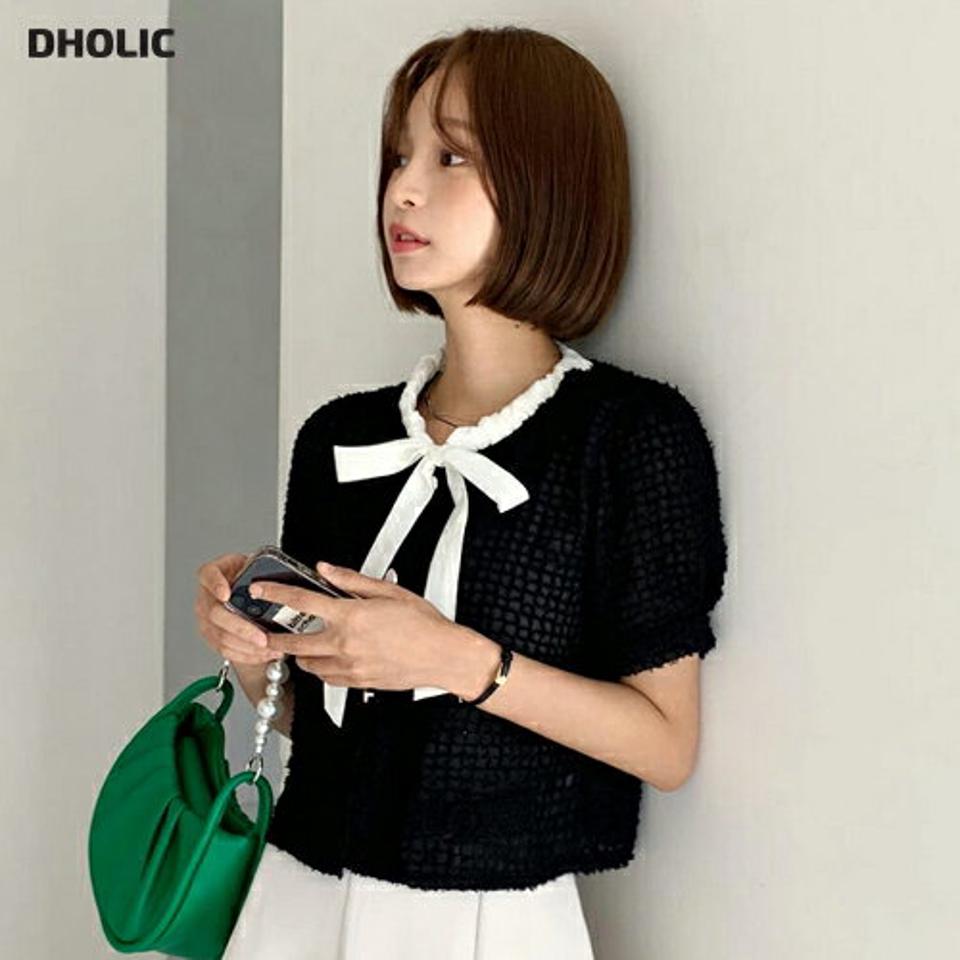 ストリングネックテクスチャーブラウス・全2色・b66786 レディース 【bl】トップス ブラウス 半袖 りぼん リボン 襟コン ストリング ガーリー かわいい 可愛い 上品 クロップド丈 パフスリーブ パフ袖 春 夏 韓国ファッション