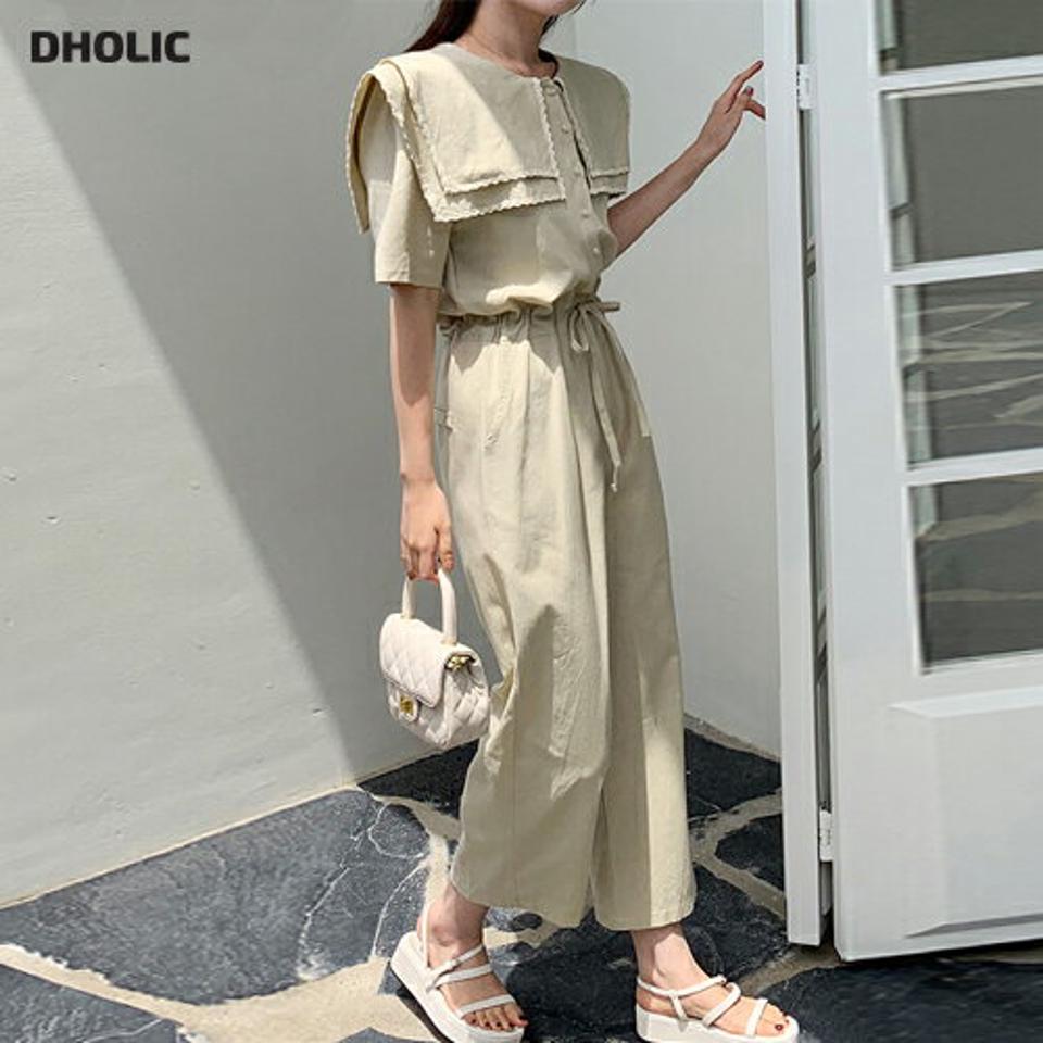 スクエアカラーオールインワン・全2色・b66790 レディース 【pt】オールインワン パンツ ズボン ロングパンツ 大きい襟 襟コン 半袖 ハーフスリーブ ウエストゴム ストリング スカラップ レース スクエア かわいい 春 夏 韓国ファッション