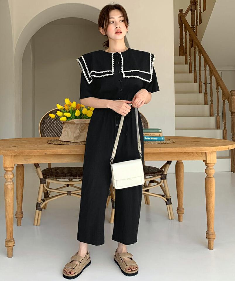 スクエアカラーオールインワン・全2色・b66790 レディース 【pt】オールインワン パンツ ズボン ロングパンツ 大きい襟 襟コン 半袖 ハーフスリーブ ウエストゴム ストリング スカラップ レース スクエア かわいい 春 夏 韓国ファッション