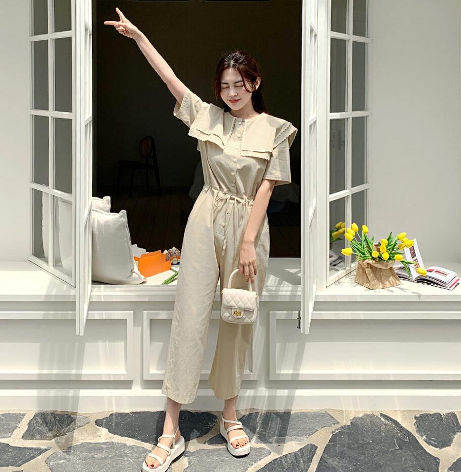 スクエアカラーオールインワン・全2色・b66790 レディース 【pt】オールインワン パンツ ズボン ロングパンツ 大きい襟 襟コン 半袖 ハーフスリーブ ウエストゴム ストリング スカラップ レース スクエア かわいい 春 夏 韓国ファッション