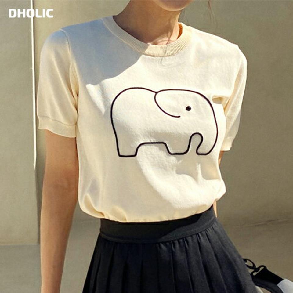 エレファント刺繍ニット・全3色・b02482 レディース 【tops】トップス ニット 半袖 動物 アニマル ゾウ ぞう 刺繍 ユニーク シンプル ラウンドネック カジュアル 春 夏 サマーニット 韓国ファッション GOLFWEAR ゴルフウェア