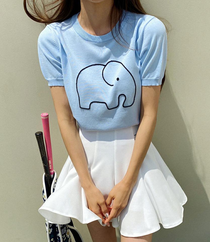 エレファント刺繍ニット・全3色・b02482 レディース 【tops】トップス ニット 半袖 動物 アニマル ゾウ ぞう 刺繍 ユニーク シンプル ラウンドネック カジュアル 春 夏 サマーニット 韓国ファッション GOLFWEAR ゴルフウェア