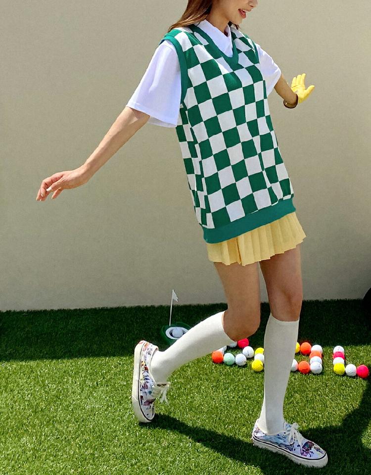 Vネックブロックチェックベスト・全4色・a02490 レディース 【tops】トップス ベスト ブロックチェック チェック柄 レイヤード Vネック カジュアル ラフ y2k 春 夏 秋 韓国ファッション GOLFWEAR ゴルフウェア