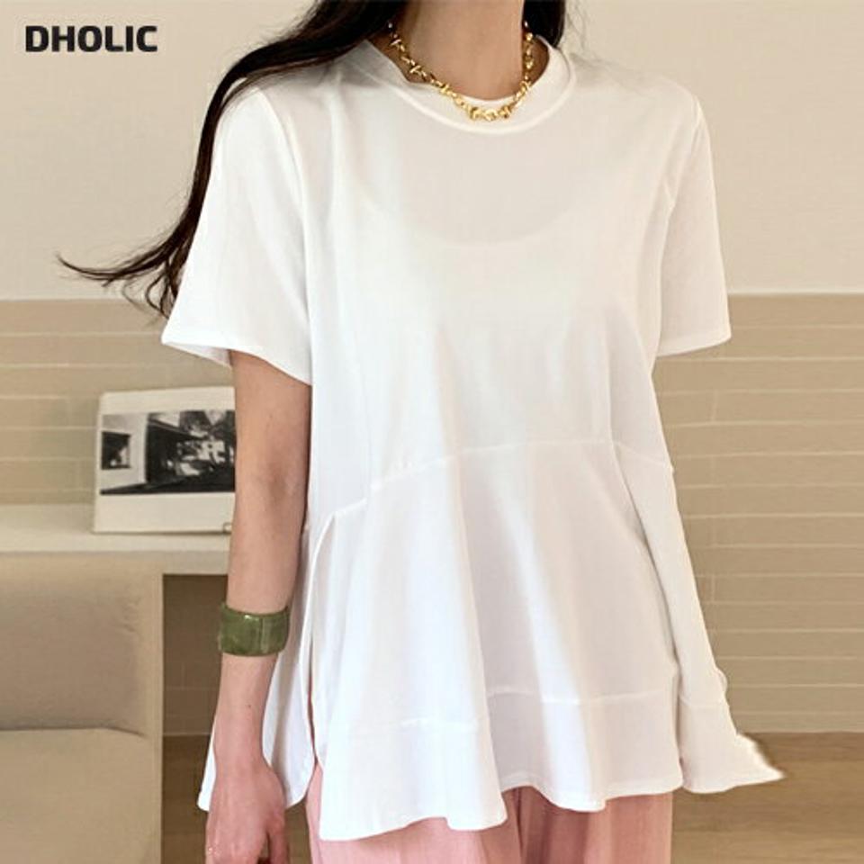 コットン混フレアTシャツ・全3色・b72176 レディース 【tops】トップス 半袖 単色 無地 シンプル ユニーク 楽ちん ラフ コットン混 フレア スリット ペプラム 春 夏 カジュアル かわいい 可愛い パステル お腹カバー 韓国ファッション ハイホリHIHOLLI