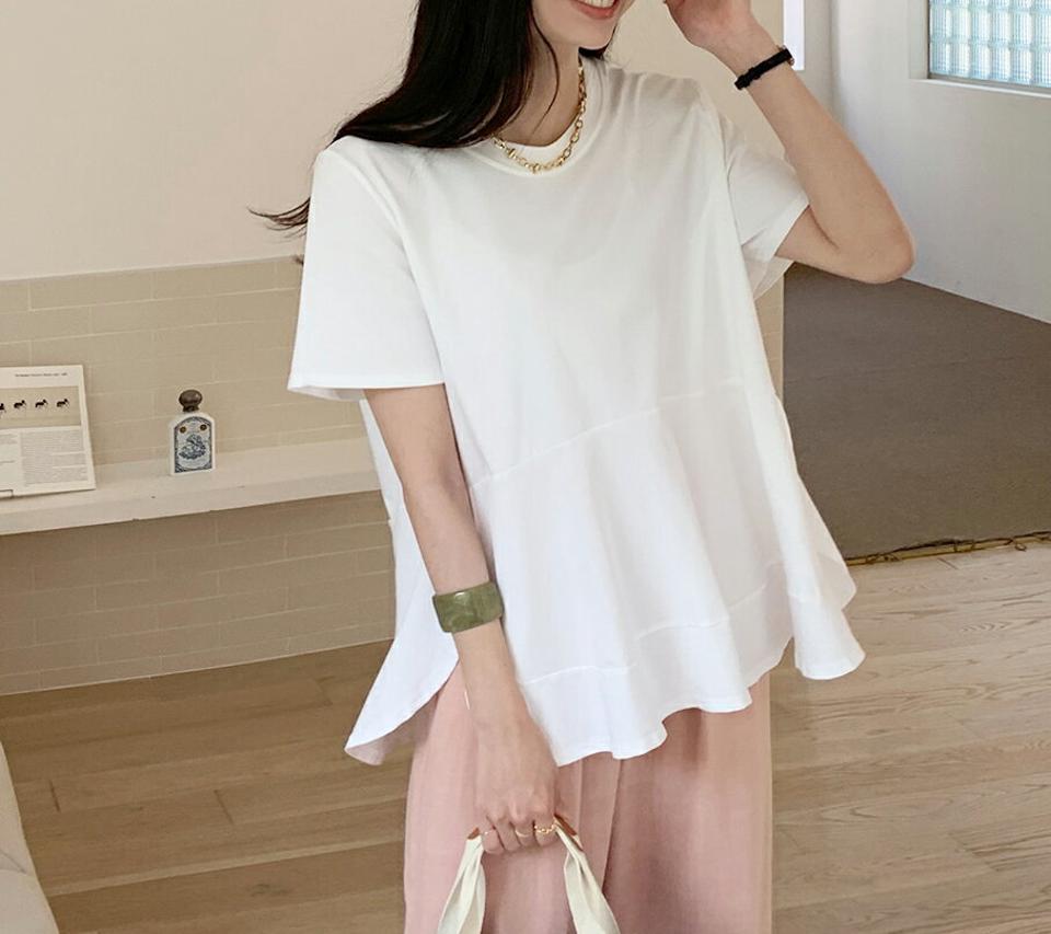コットン混フレアTシャツ・全3色・b72176 レディース 【tops】トップス 半袖 単色 無地 シンプル ユニーク 楽ちん ラフ コットン混 フレア スリット ペプラム 春 夏 カジュアル かわいい 可愛い パステル お腹カバー 韓国ファッション ハイホリHIHOLLI