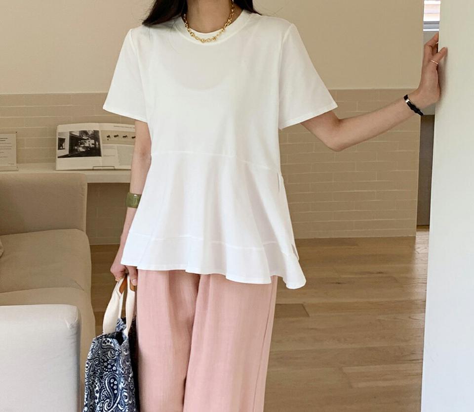 コットン混フレアTシャツ・全3色・b72176 レディース 【tops】トップス 半袖 単色 無地 シンプル ユニーク 楽ちん ラフ コットン混 フレア スリット ペプラム 春 夏 カジュアル かわいい 可愛い パステル お腹カバー 韓国ファッション ハイホリHIHOLLI