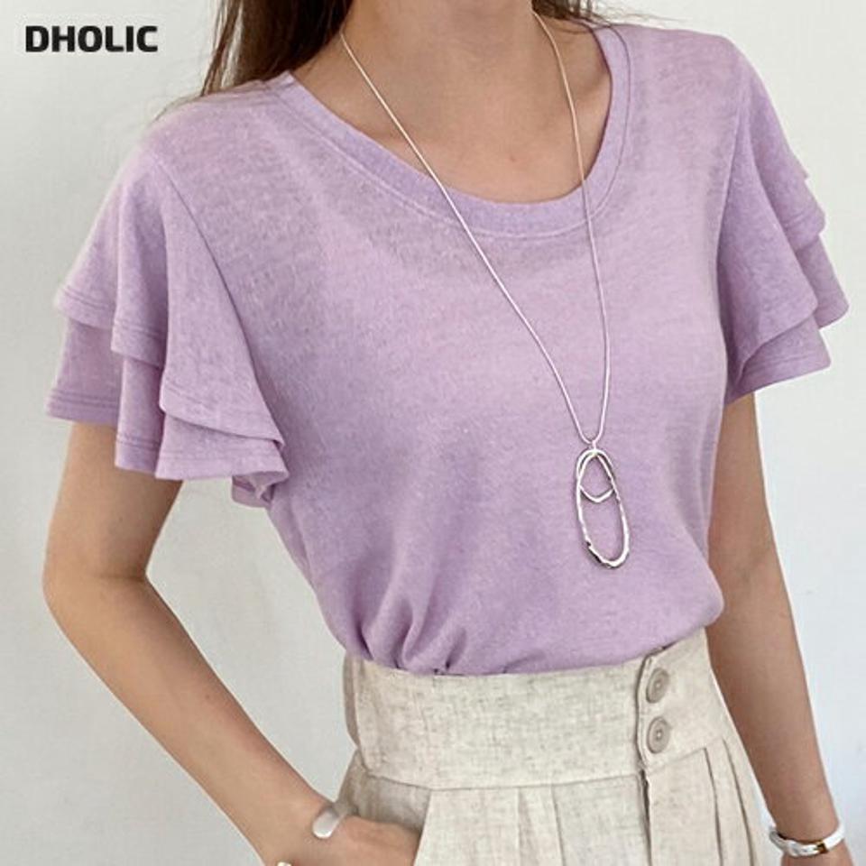リネン混ダブルフレアスリーブTシャツ・全4色・b72213 レディース 【tops】トップス Tシャツ 半袖 フリル 単色 無地 シンプル ベーシック リネン混 二の腕カバー シアー 春 夏 カジュアル フェミニン 紫 韓国ファッション ハイホリHIHOLLI